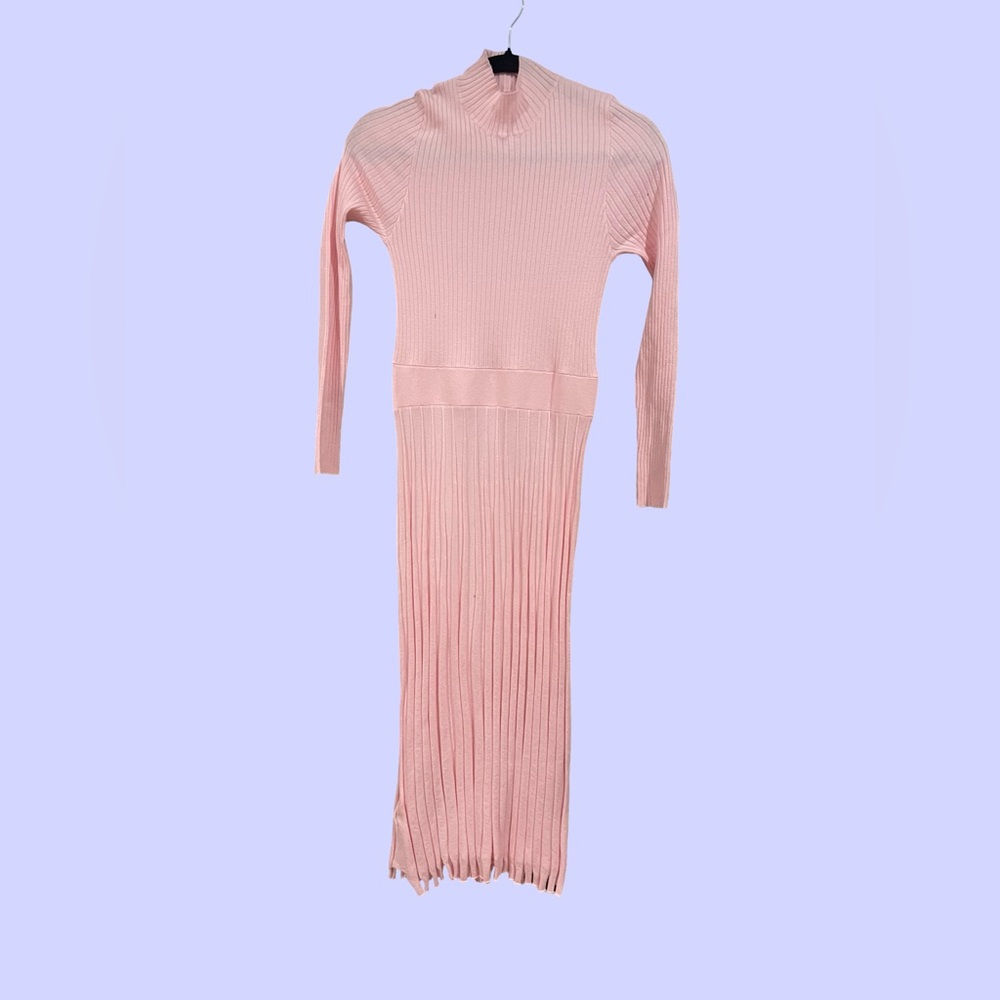 Commense Pink Ribbed Long Sleeve Dress